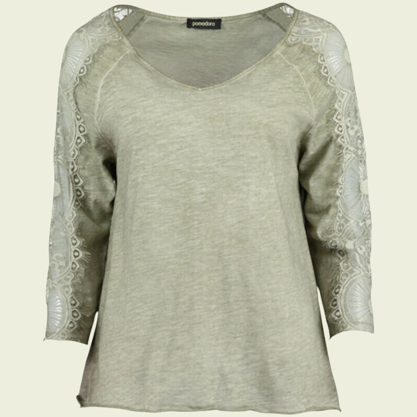 Pomodoro Women's Khaki V-Neck Lace Top UK 14 US 10 EU 42 - Timelessfashions