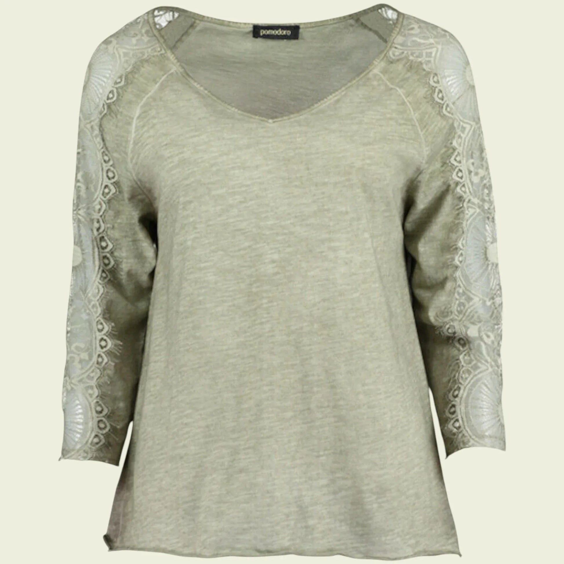Pomodoro Women's Khaki V-Neck Lace Top UK 14 US 10 EU 42 - Timelessfashions