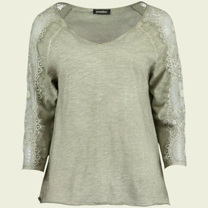 Pomodoro Women's Khaki V-Neck Lace Top UK 14 US 10 EU 42 - Timelessfashions