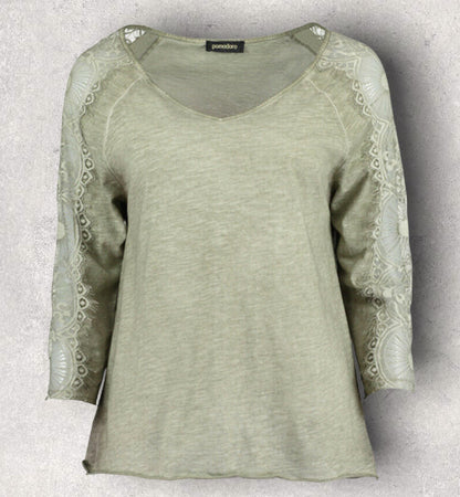 Pomodoro Khaki V-Neck Lace Top UK 18/20 US 14/16 EU 46/48 Timeless Fashions