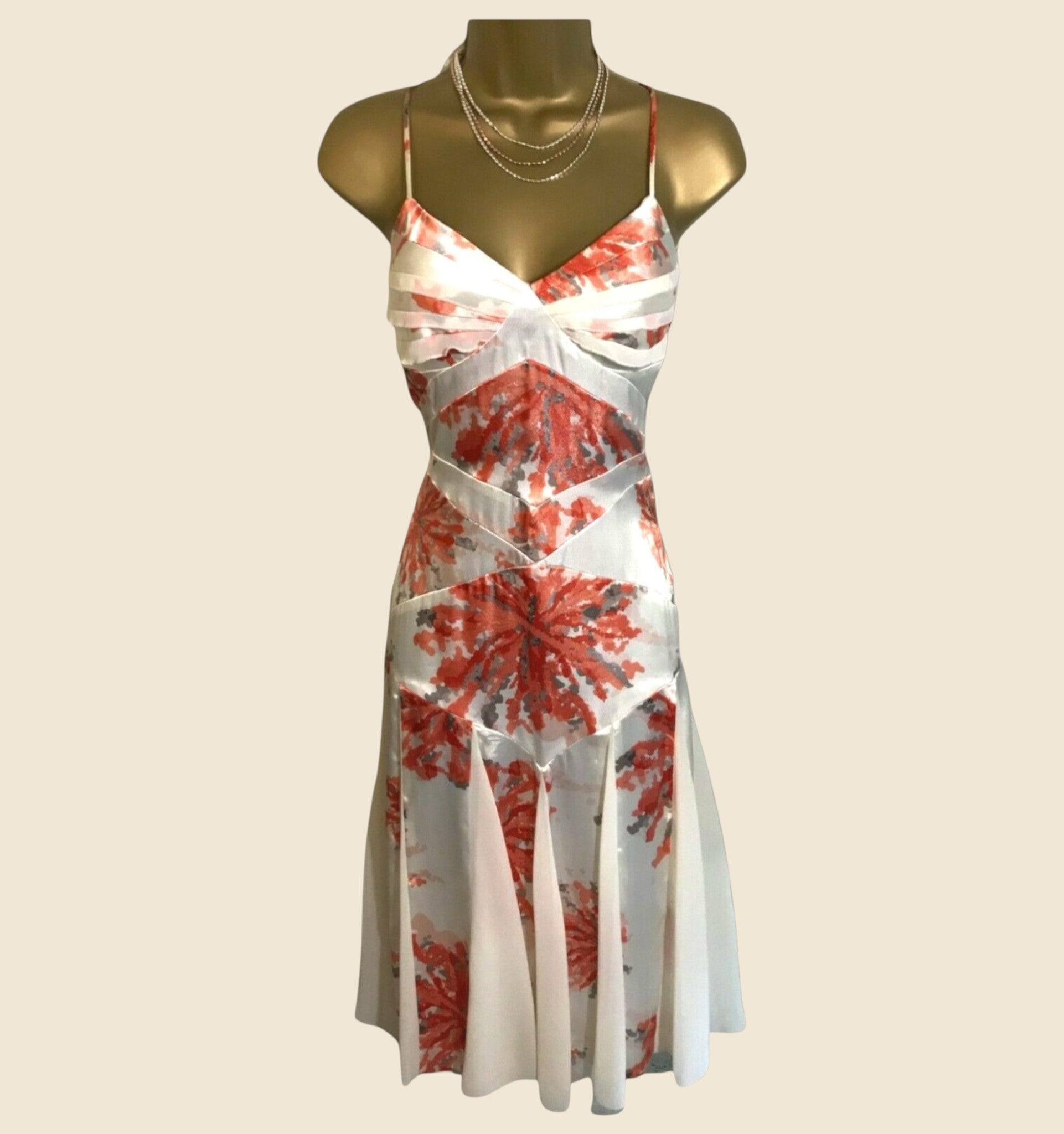 Floral dress on a mannequin against a beige background