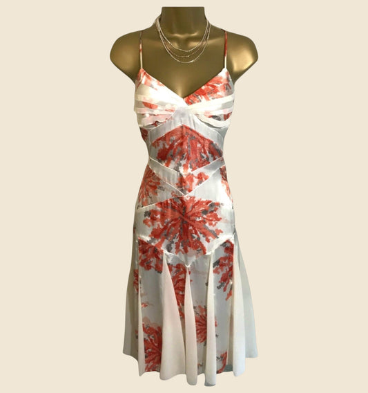 Floral dress on a mannequin against a beige background