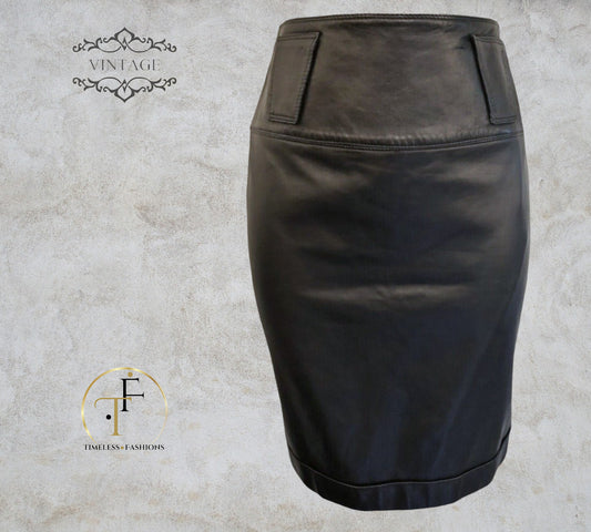 Gianni Versace Vintage Black Leather Pencil Skirt UK 6 US 2 EU 34 Timeless Fashions