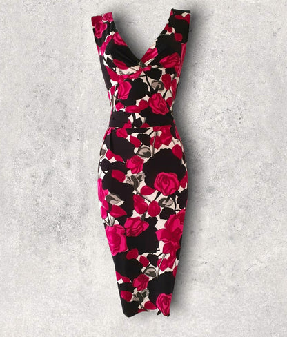 Phase Eight Black & Pink Floral Rose Draped Gathered Bodycon Dress UK 8 US 4 EU 36 Timeless Fashions