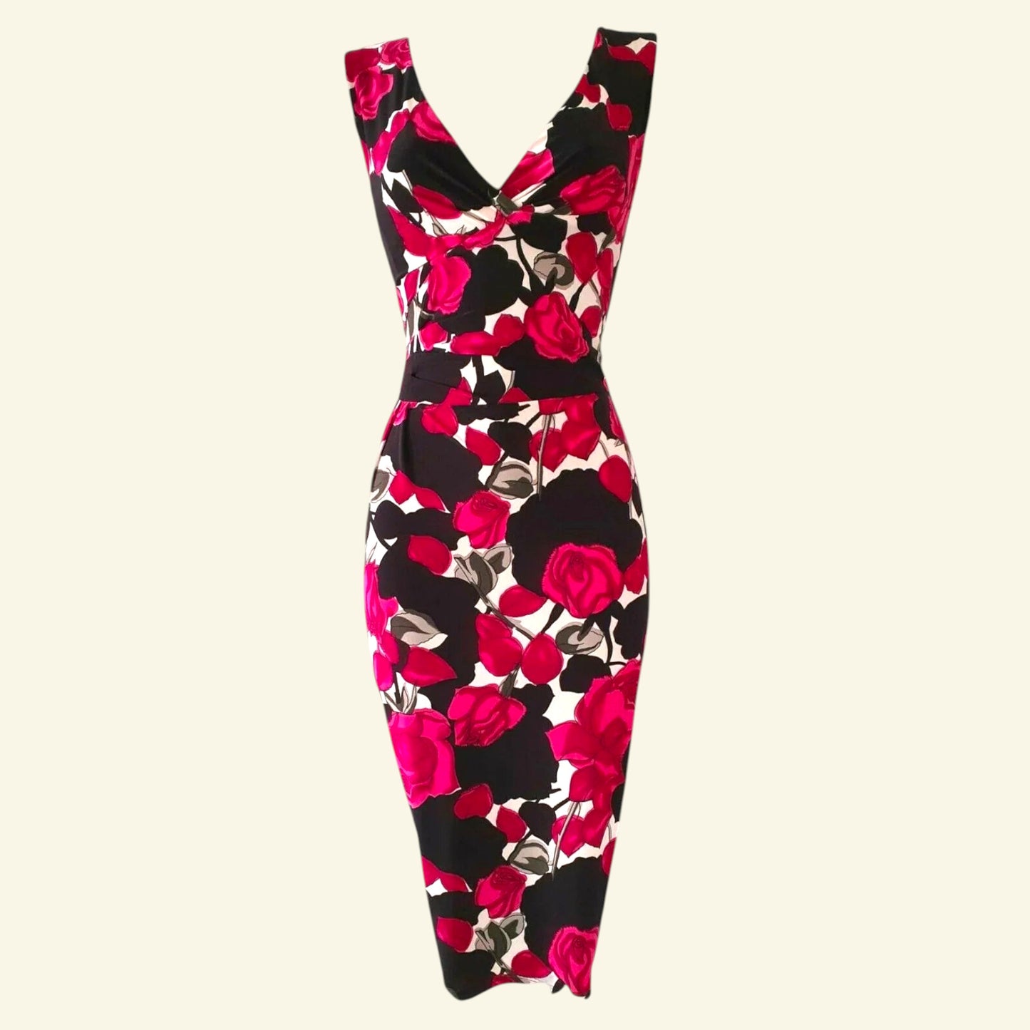 Phase Eight Black & Pink Floral Rose Draped Gathered Bodycon Dress UK 8 US 4 EU 36 - Timelessfashions