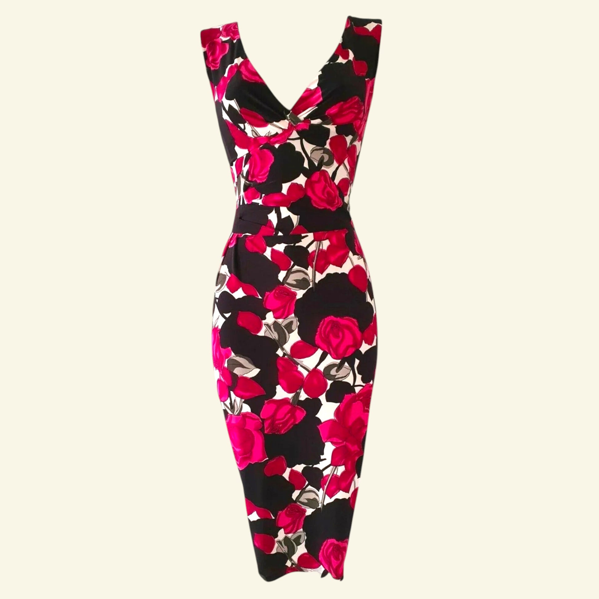 Phase Eight Black & Pink Floral Rose Draped Gathered Bodycon Dress UK 8 US 4 EU 36 - Timelessfashions