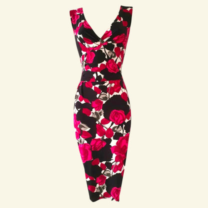 Phase Eight Black & Pink Floral Rose Draped Gathered Bodycon Dress UK 8 US 4 EU 36 - Timelessfashions