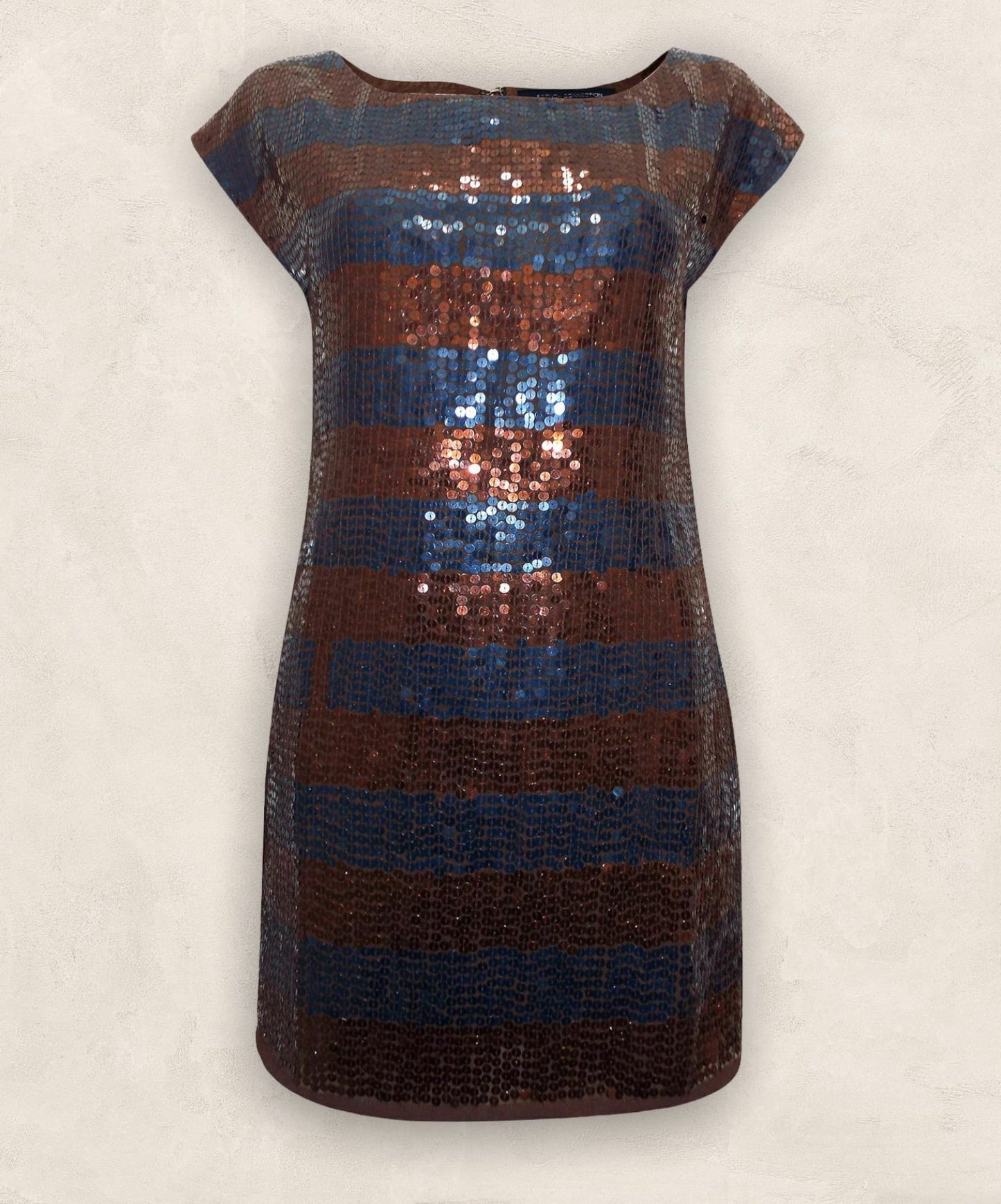 French Connection Copper & Ink Blue Striped Sequin Shift Dress UK 12 US 8 EU 40 Timeless Fashions