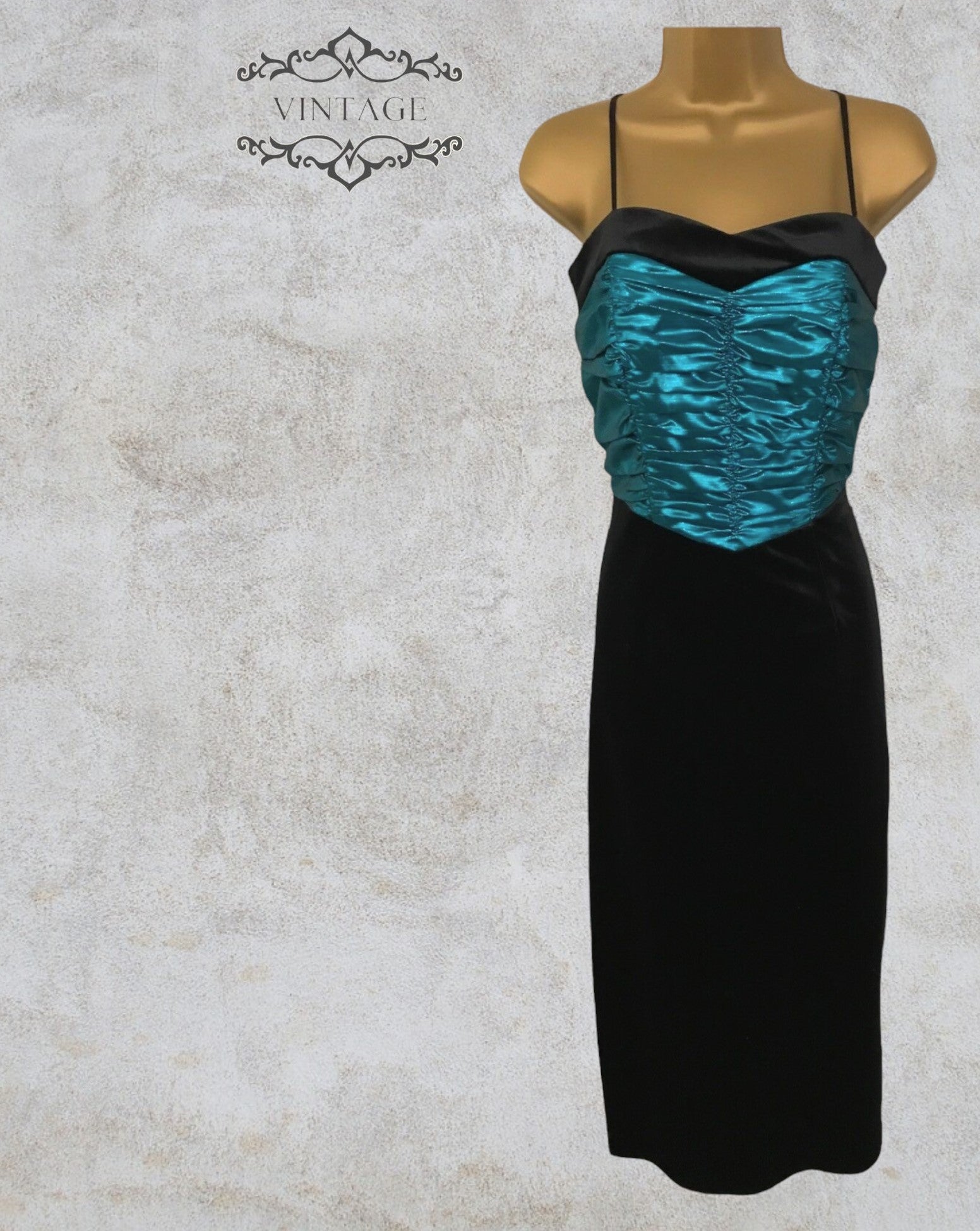 Weise Festmoden Women's Vintage Turquoise & Black Velvet Dress UK 12 US 8 EU 40 Timeless Fashions