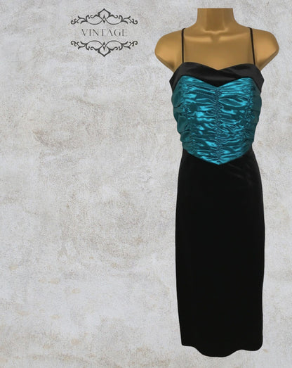 Weise Festmoden Women's Vintage Turquoise & Black Velvet Dress UK 12 US 8 EU 40 Timeless Fashions