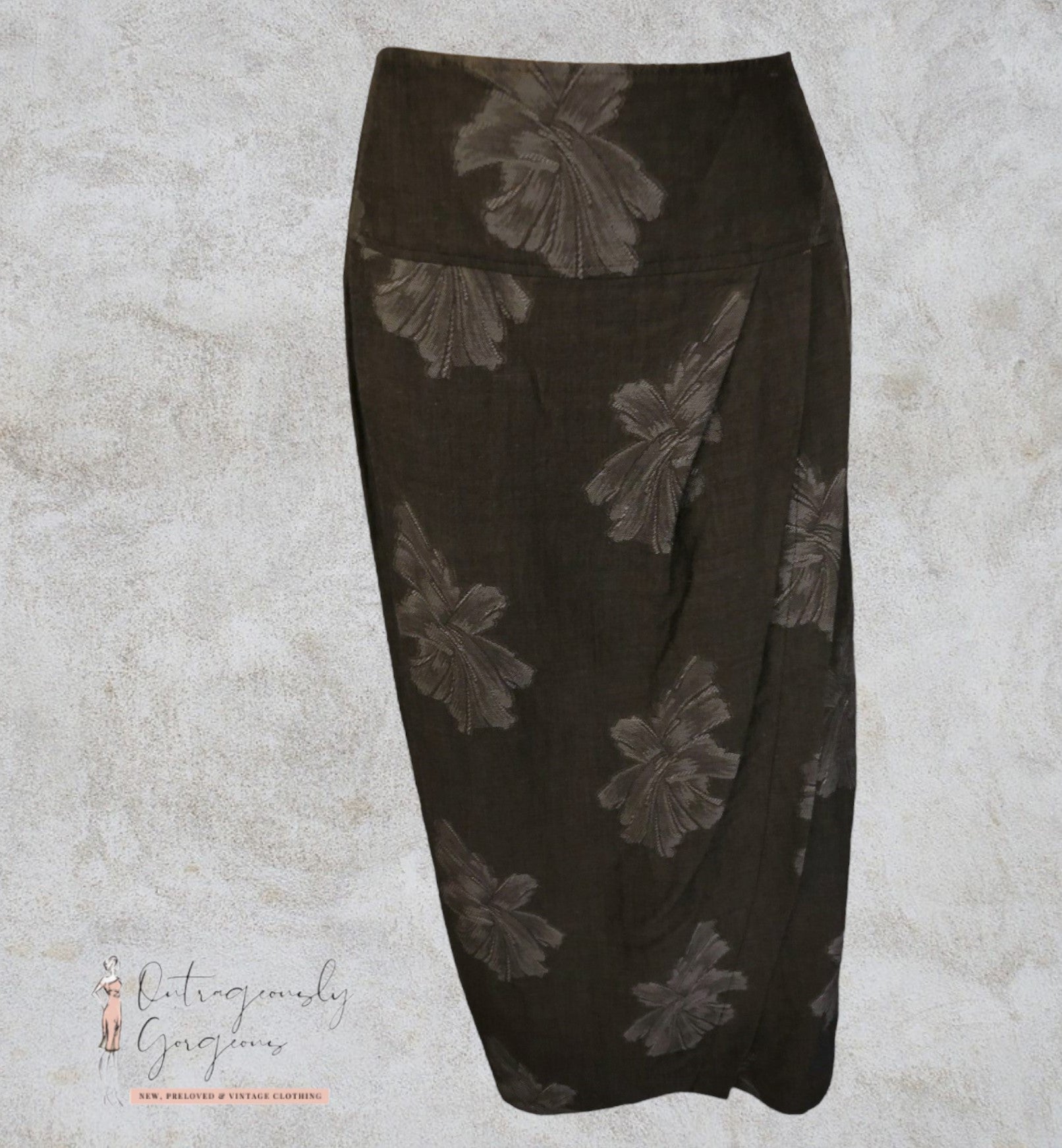 Pret Grey Floral Linen Mix Faux Wrap Skirt Size UK 12 US 8 EU 40 Timeless Fashions