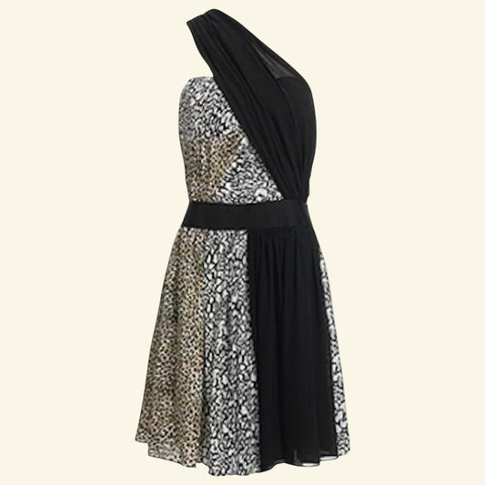 Reiss 1971 Myla Black Silk Leopard Print One Shoulder Dress UK 10 US 6 EU 38 BNWT RRP £189 - Timelessfashions