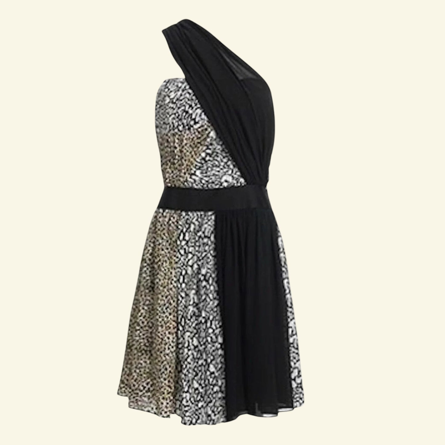 Reiss 1971 Myla Black Silk Leopard Print One Shoulder Dress UK 14 US 10 EU 42 - Timelessfashions