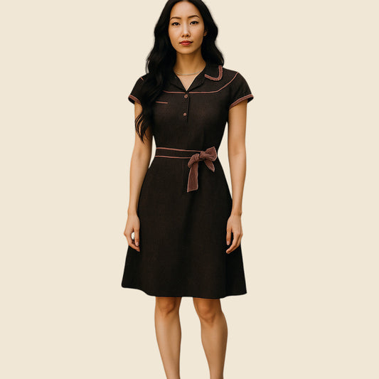 Woman wearing a brown dress with a belt on a beige background