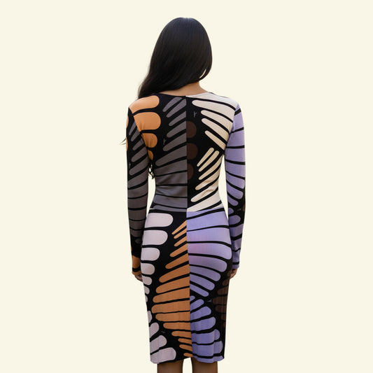 Timelessfashion Issa London multicoloured silk jersey long sleeve twist dress with abstract pattern and knot detail. Size UK 10.