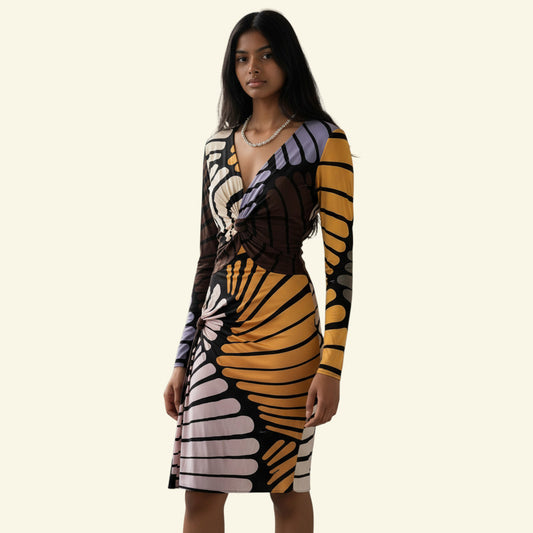 Timelessfashion Issa London multicoloured silk jersey long sleeve twist knot dress UK 10 US 6 EU 38
