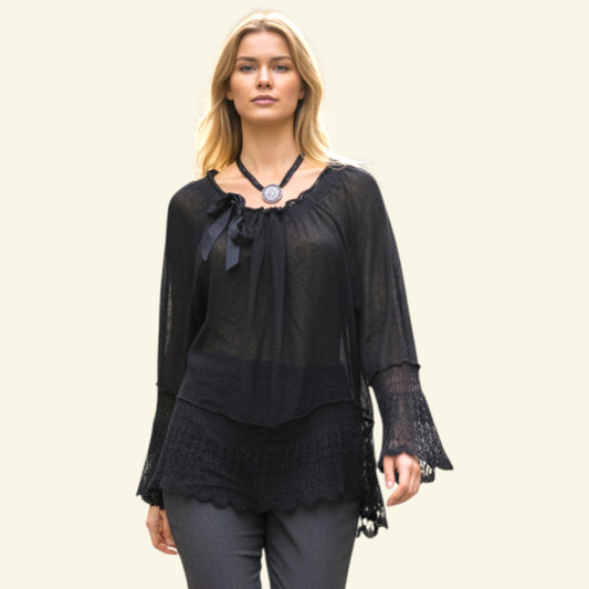 Timelessfashion Black fine knit top with lace cuffs and hem, featuring a tie neck. Size UK 12.