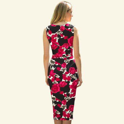 Timelessfashion Black & pink floral rose draped gathered bodycon dress with V-neckline and concealed side zip. Polyester-elastane blend.
