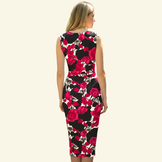Timelessfashion Black & pink floral rose draped gathered bodycon dress with V-neckline and concealed side zip. Polyester-elastane blend.