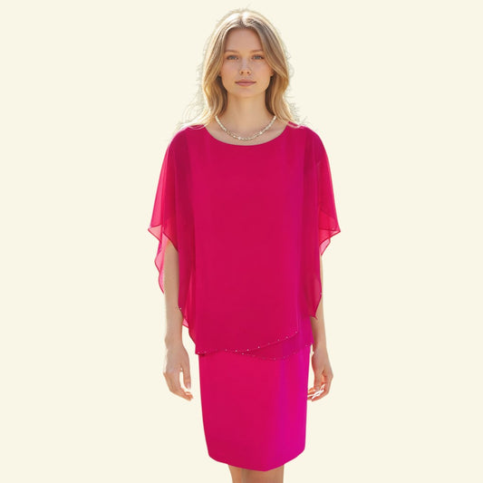 Timelessfashion Michaela Louisa hot pink chiffon layered dress with diamante trim. Fully lined, UK 10.