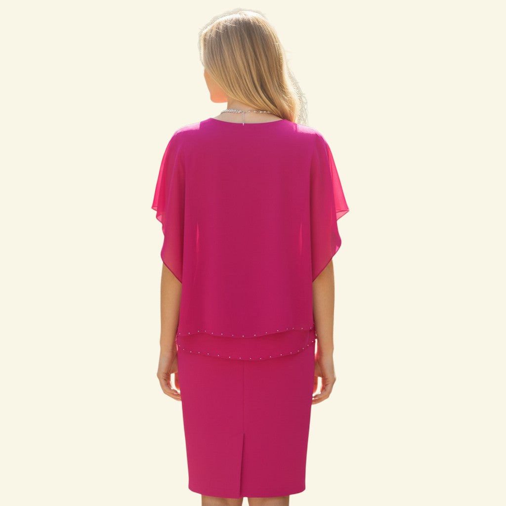 Timelessfashion Michaela Louisa hot pink chiffon layered dress with diamante trim. V-neck, short sleeves, UK 10.