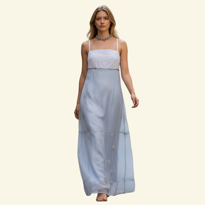 Timelessfashion Ice blue organza Zapa dress with sequin snowflake embellishments and metallic thread detail. Spaghetti straps, square neck, back split.