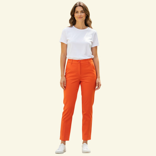 Timelessfashion Libra orange cotton tapered leg trousers with button closure, UK 10.