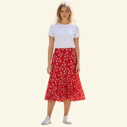 Timelessfashion Ralph Lauren red cotton knee-length skirt with white floral print and ruffled hem. Size S.
