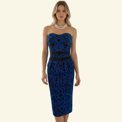 Karen Millen royal blue and black bodycon peplum midi dress with intricate lace overlay and strapless bodice. Size UK 8.