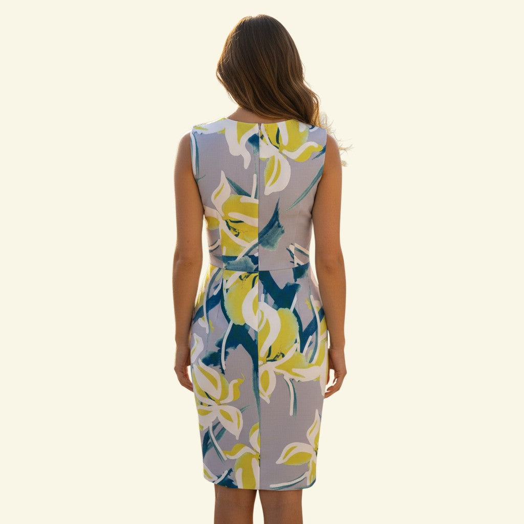 Michaela Louisa grey sleeveless shift dress with a vibrant yellow and blue floral print. Made from polyester and elastane.