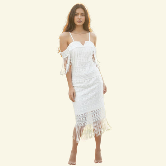 Timelessfashion white off-the-shoulder dress with tassel trim and adjustable straps. Polyester.