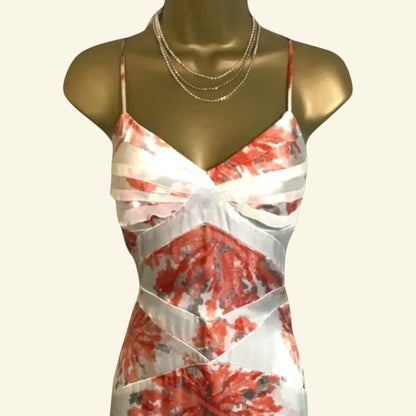 Timelessfashions Amanda Wakeley ivory, peach, and grey satin & chiffon summer dress. Sleeveless with V-neck and flowing pleated skirt.