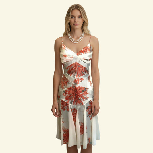 Timelessfashions Amanda Wakeley ivory, peach, and grey satin & chiffon dress. Sleeveless with shaped neckline and flowing pleated skirt.