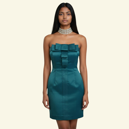 Timelessfashions aqua satin bodycon mini dress with bow detail and sparkle choker. Sleeveless, strapless.