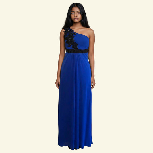 Timelessfashions Azure blue one shoulder maxi dress with black lace and sequin detail, satin belt, and crinkle hem. 100% Nylon.