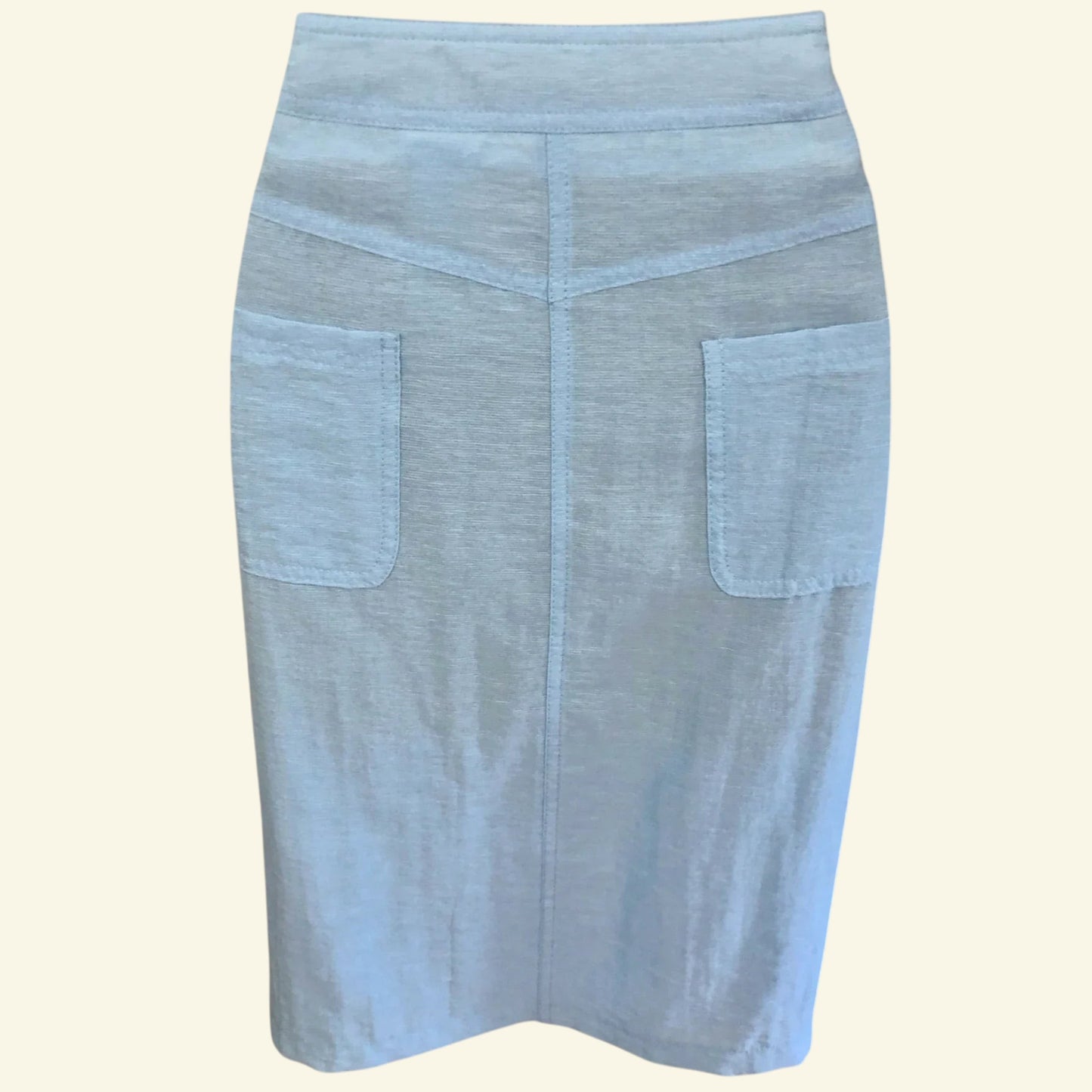 Barbara Lebek light blue summer pencil skirt with two front pockets, made of 82% Viscose and 18% Polyamide. Size UK 10.