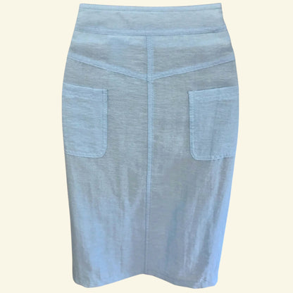 Barbara Lebek light blue summer pencil skirt with two front pockets, made of 82% Viscose and 18% Polyamide. Size UK 10.