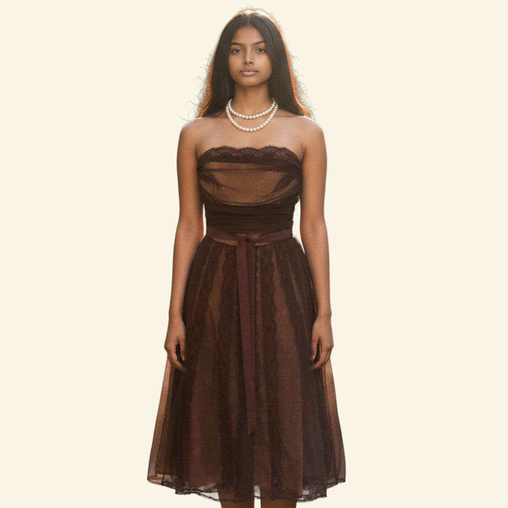 Timelessfashions BCBG MAXAZRIA brown tulle strapless cocktail dress with ruched bodice, ribbon waist tie, and nude underlay. UK 10.