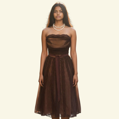 Timelessfashions BCBG MAXAZRIA brown tulle strapless cocktail dress with ruched bodice, ribbon waist tie, and nude underlay. UK 10.