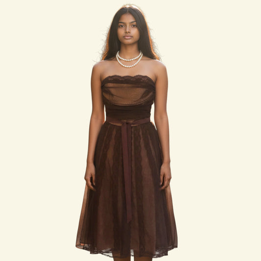 Timelessfashions BCBG MAXAZRIA brown tulle strapless cocktail dress with ruched bodice, ribbon waist tie, and nude underlay. UK 10.