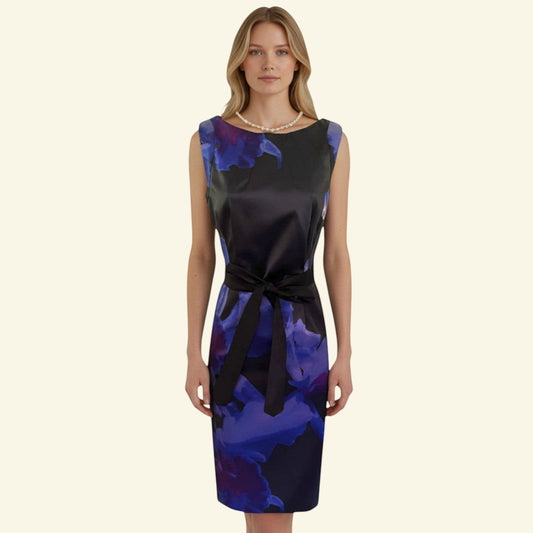 Timelessfashions black and blue floral satin sleeveless dress with boat neckline and black tie belt. UK 10.