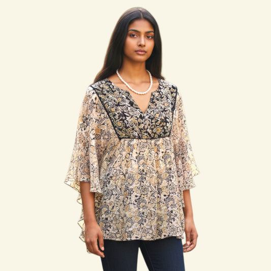 Timelessfashions black & cream floral print chiffon top with flutter sleeves and V-neck. Size M.