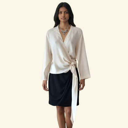 Timelessfashions Yigal Azrouel black pencil skirt with cream crossover ruched silk top, UK 6 US 2 EU 34.