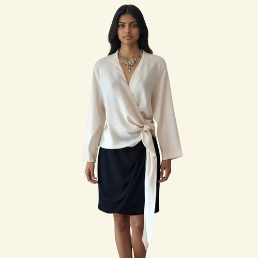 Timelessfashions Yigal Azrouel black pencil skirt with cream crossover ruched silk top, UK 6 US 2 EU 34.