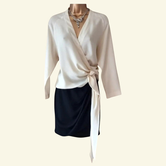 Timelessfashions Yigal Azrouel black pencil skirt with cream crossover ruched silk top and side tie. UK 6 US 2 EU 34.