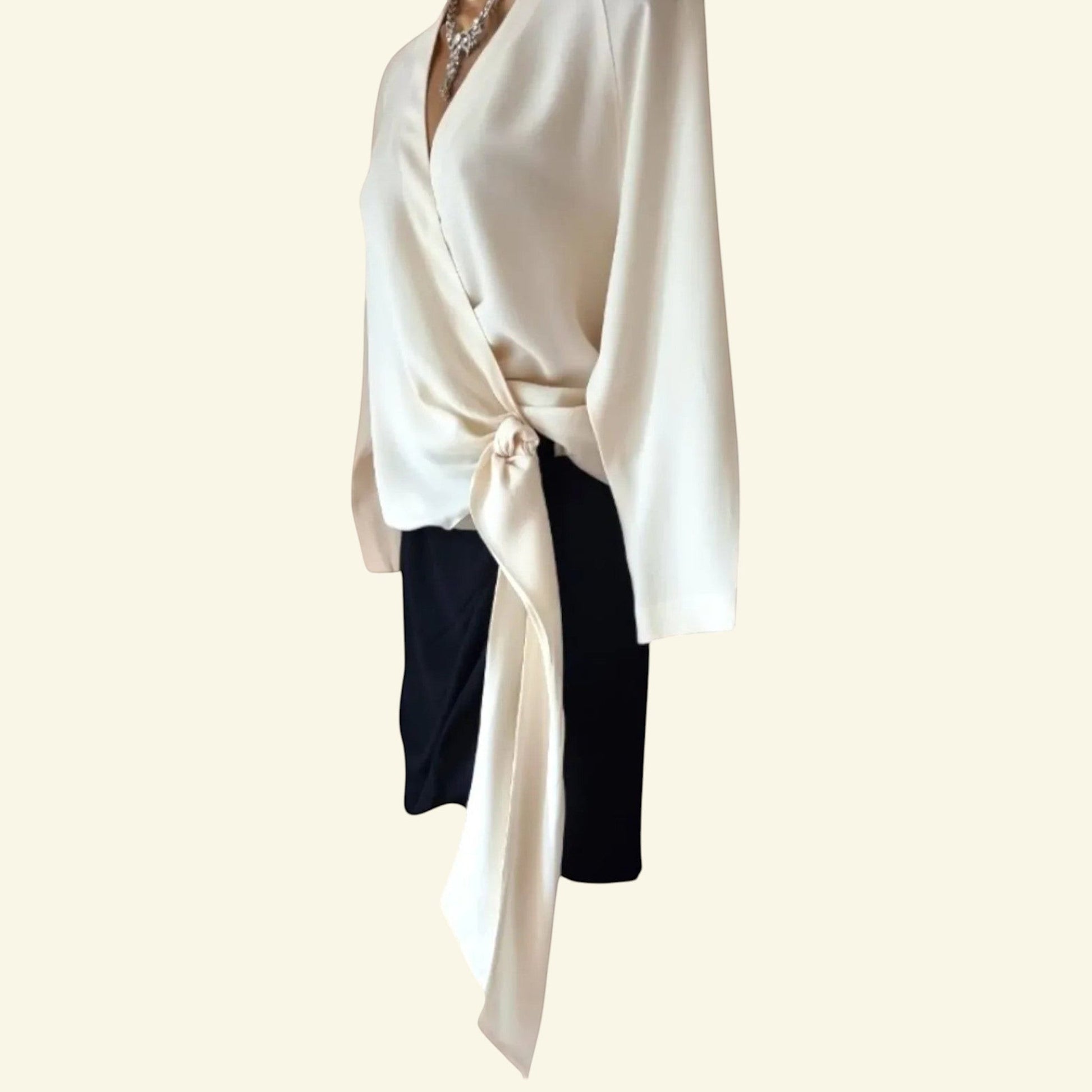 Timelessfashions Yigal Azrouel black pencil skirt with cream crossover ruched silk top, side tie detail.