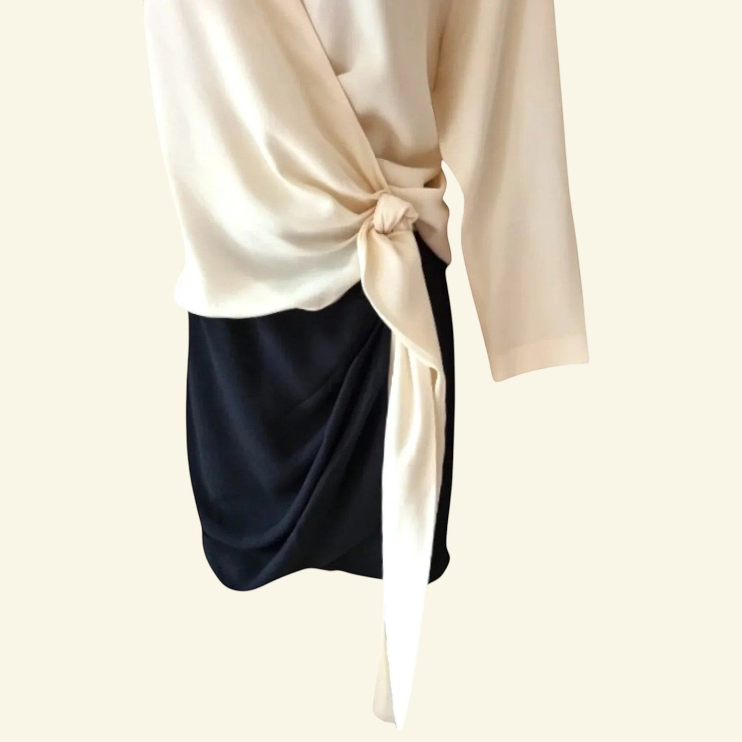 Timelessfashions Yigal Azrouel black ruched pencil skirt with cream crossover silk tie top, size UK 6.