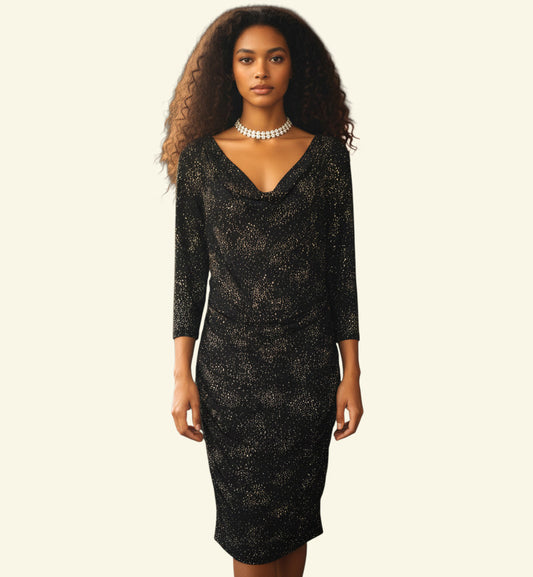Timelessfashions black and gold sparkle ruched bodycon dress with cowl neck and long sleeves. Made from acetate, polyester, and elastane blend.