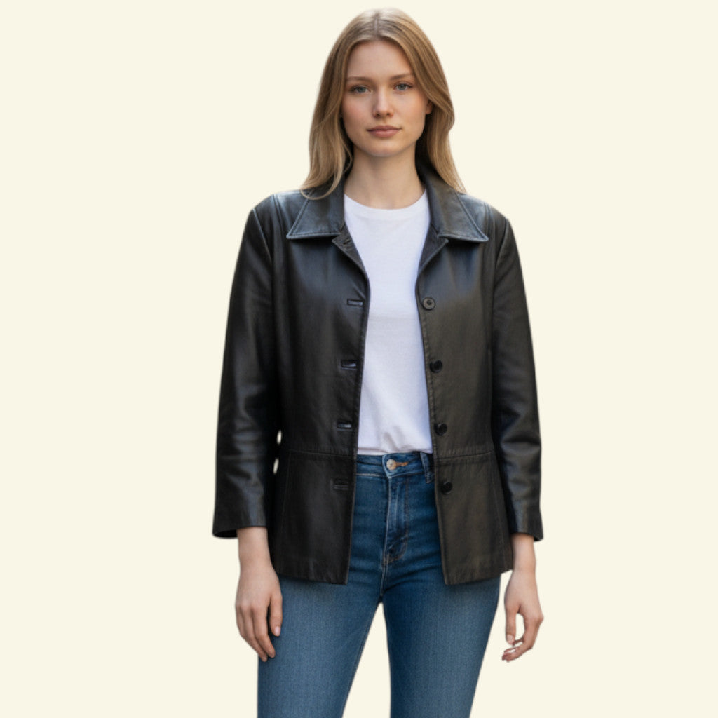 Timelessfashions black vintage soft leather box jacket with front button fastening, size UK 14.
