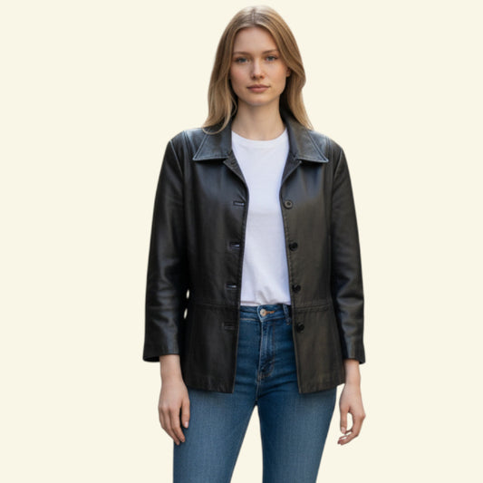 Timelessfashions black vintage soft leather box jacket with front button fastening, size UK 14.